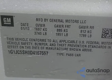 2013 Chevrolet Sonic Lt Auto z USA, uszkodzony, nr VIN 1G1JC5SH0D4167557